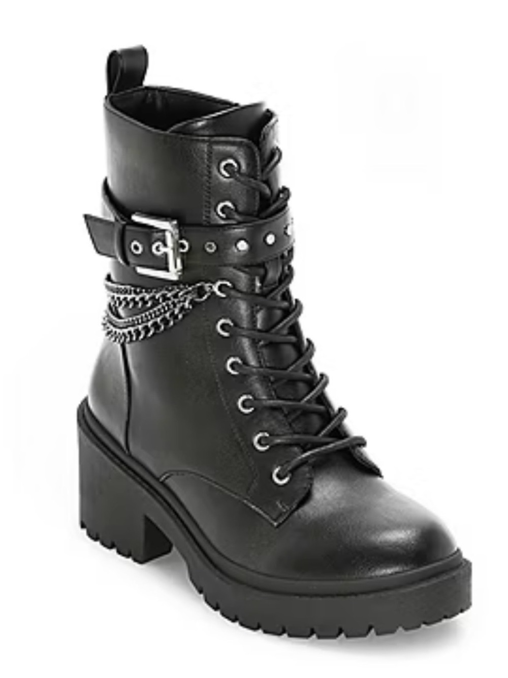 Black Chunky Lace-Up Ankle Boot with Chain & Buckle -NEW